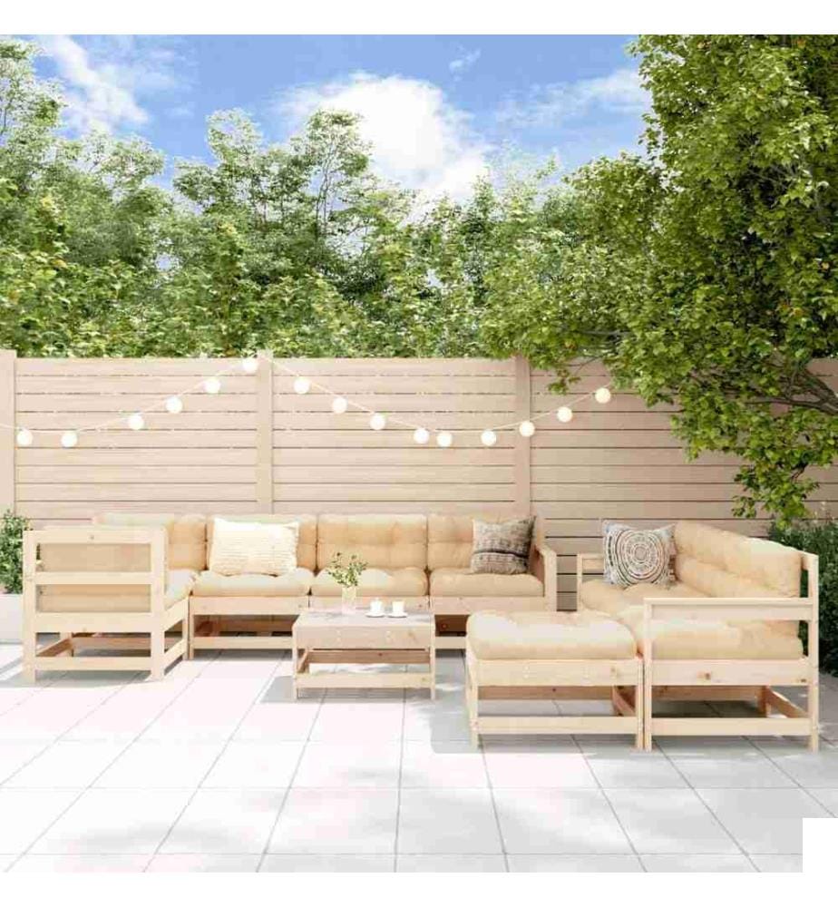 Salon de jardin 10 pcs avec coussins bois massif