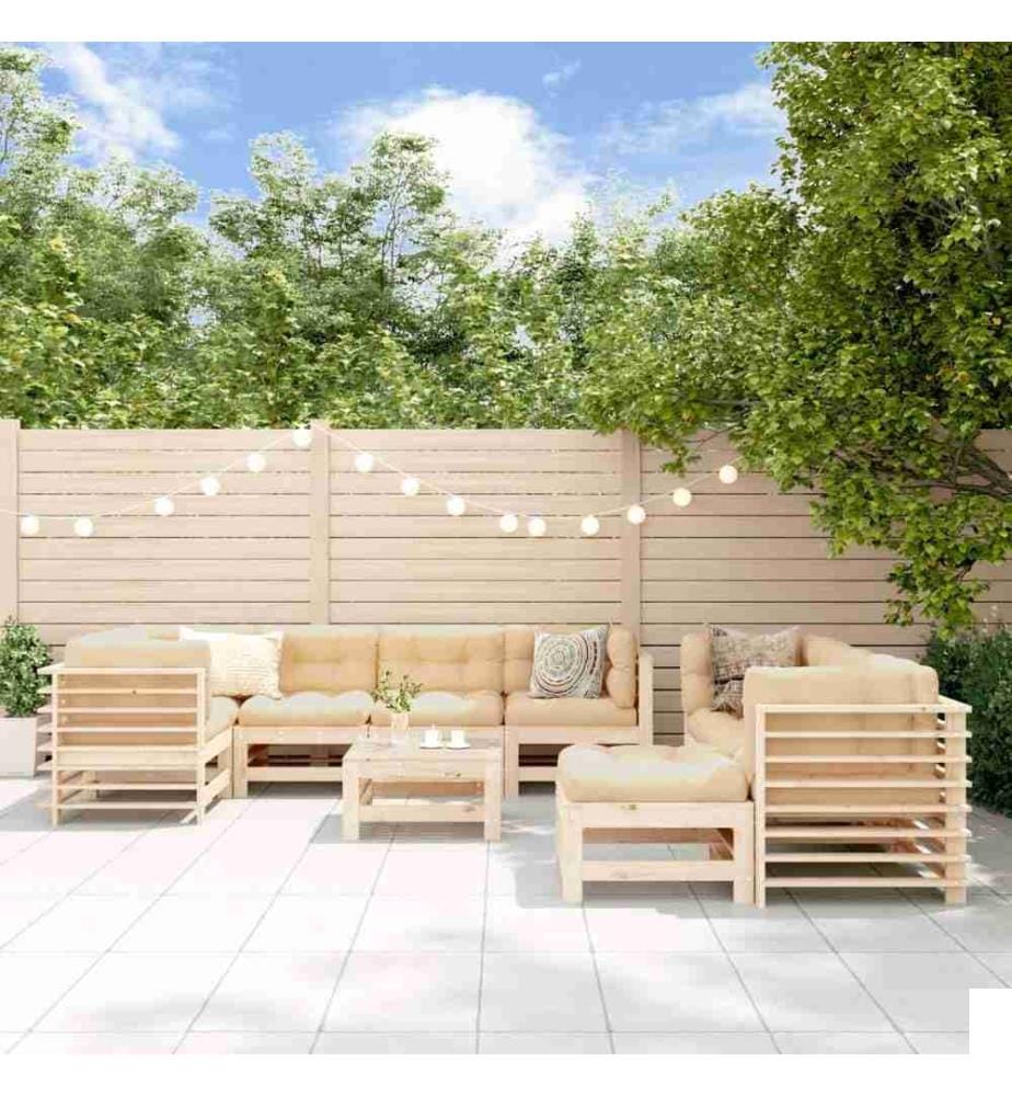 Salon de jardin 10 pcs avec coussins bois massif