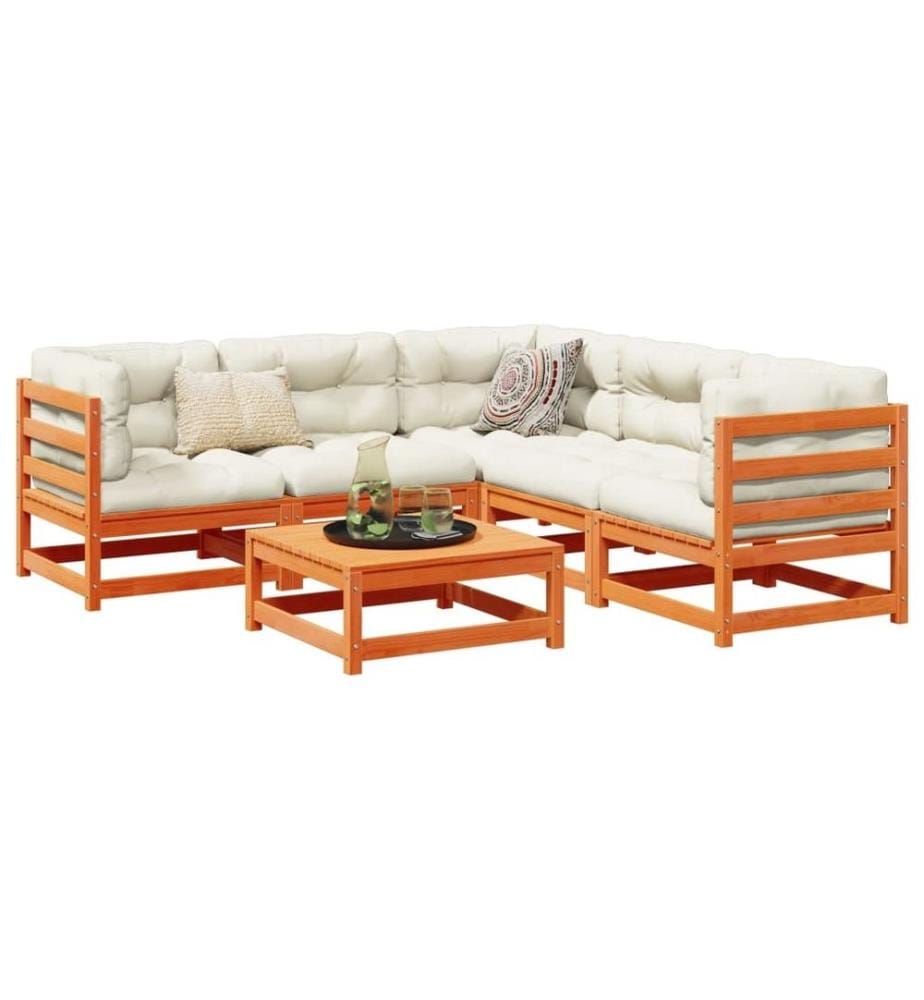 Salon de jardin 6 pcs avec coussins cire marron bois pin massif