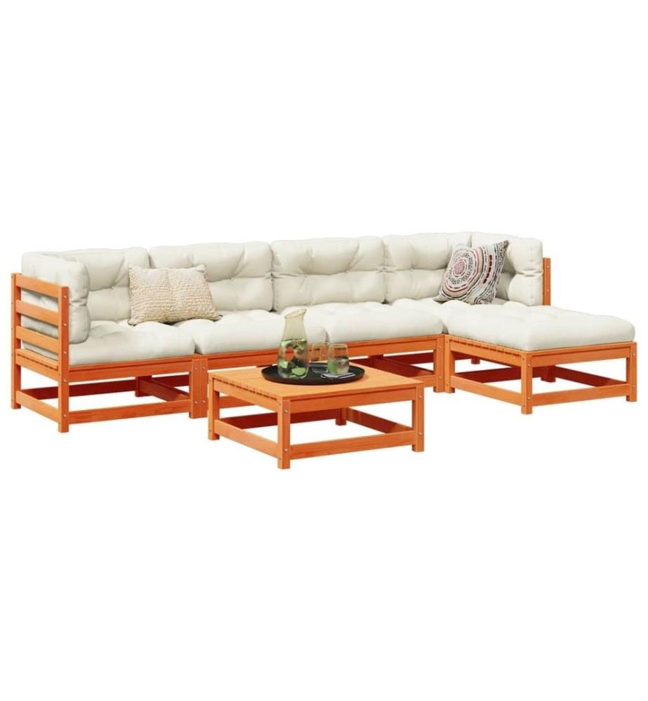 Salon de jardin 6 pcs avec coussins cire marron bois pin massif