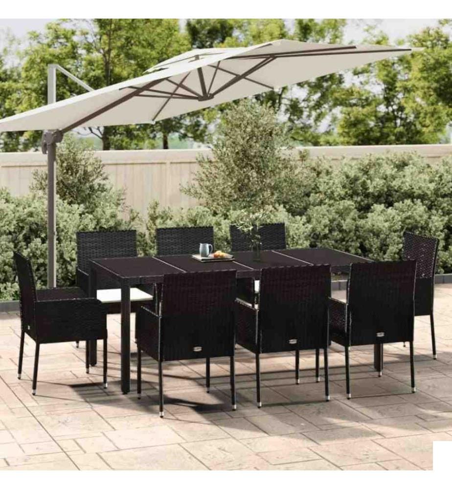 Mobilier à dîner de jardin 9pcs et coussins noir résine tressée
