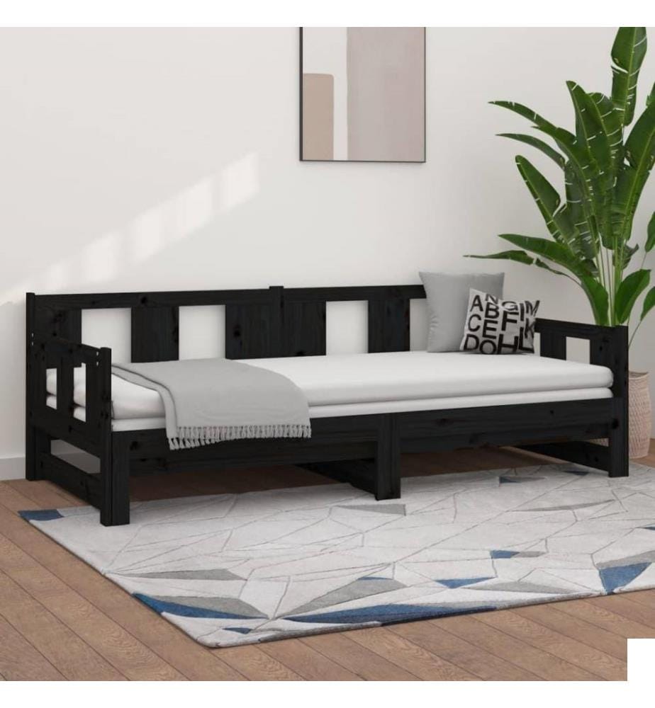 Lit coulissant Noir Bois de pin solide 2x(90x190) cm