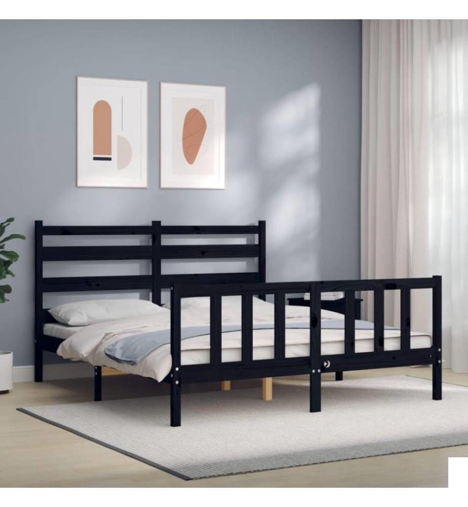 Cadre de lit avec tête de lit noir King Size bois massif