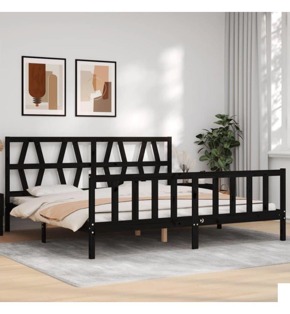 Cadre de lit avec tête de lit noir Super King Size bois massif
