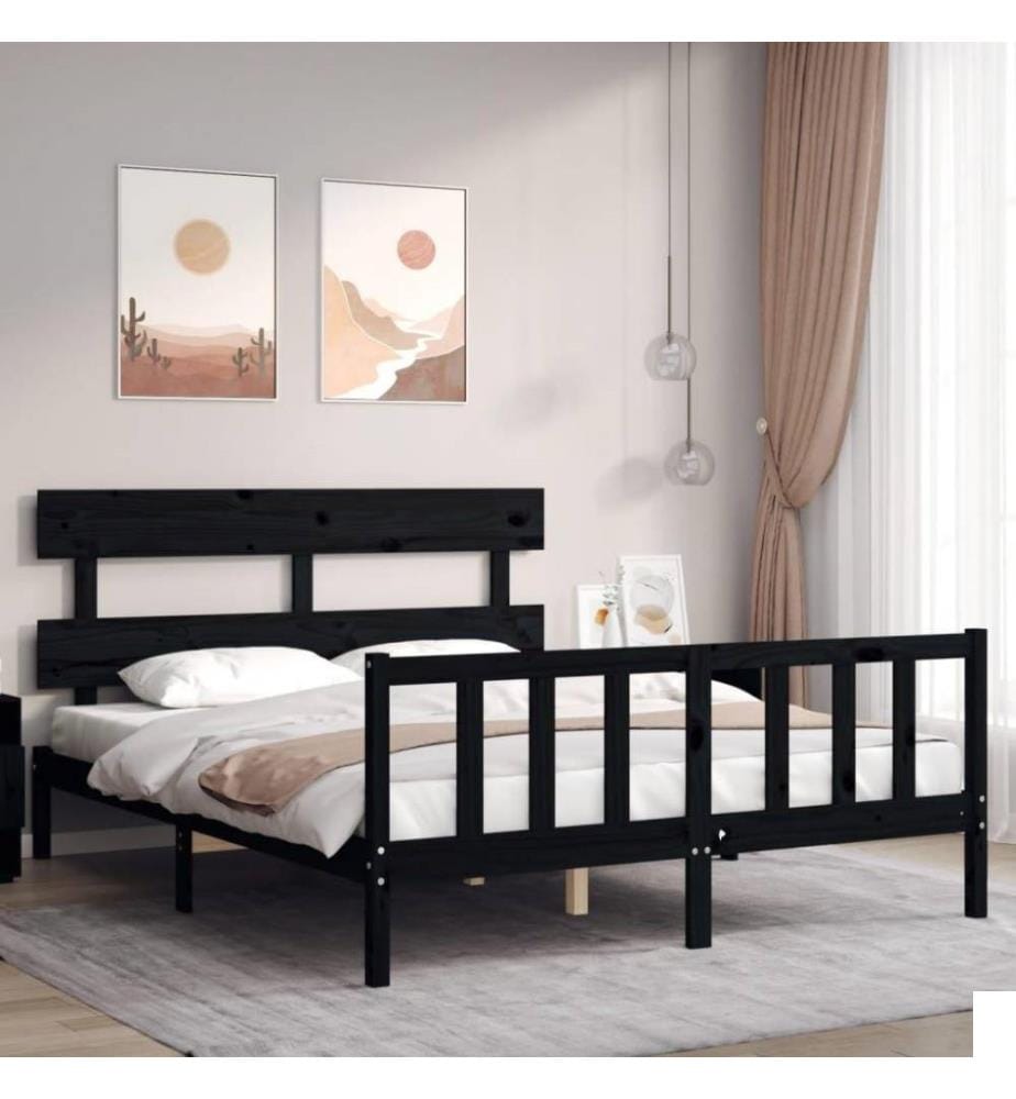 Cadre de lit avec tête de lit noir King Size bois massif
