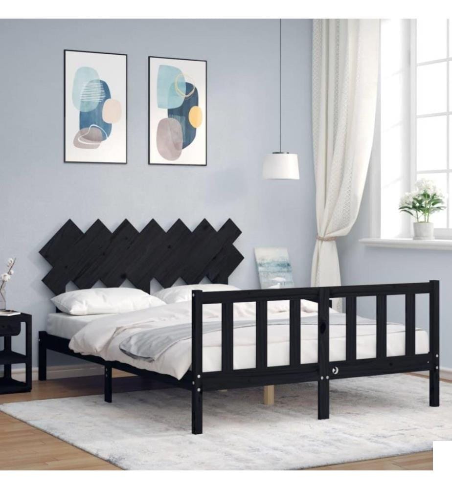 Cadre de lit avec tête de lit noir King Size bois massif