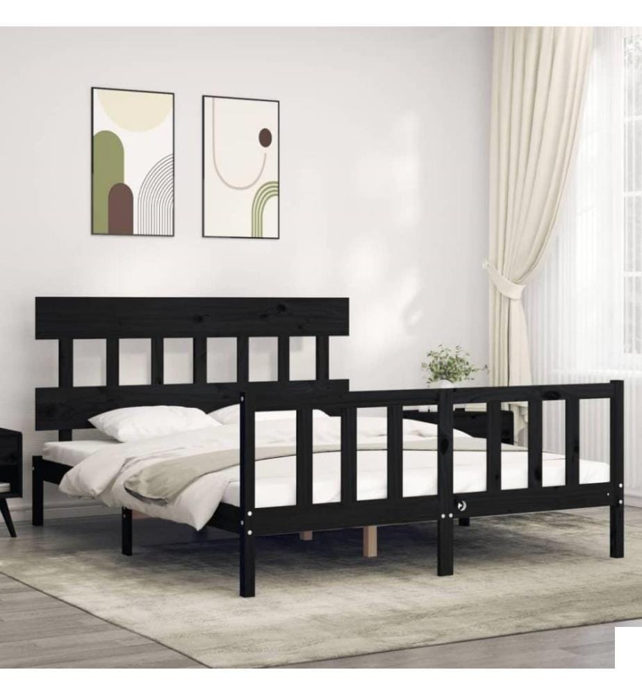 Cadre de lit avec tête de lit noir King Size bois massif