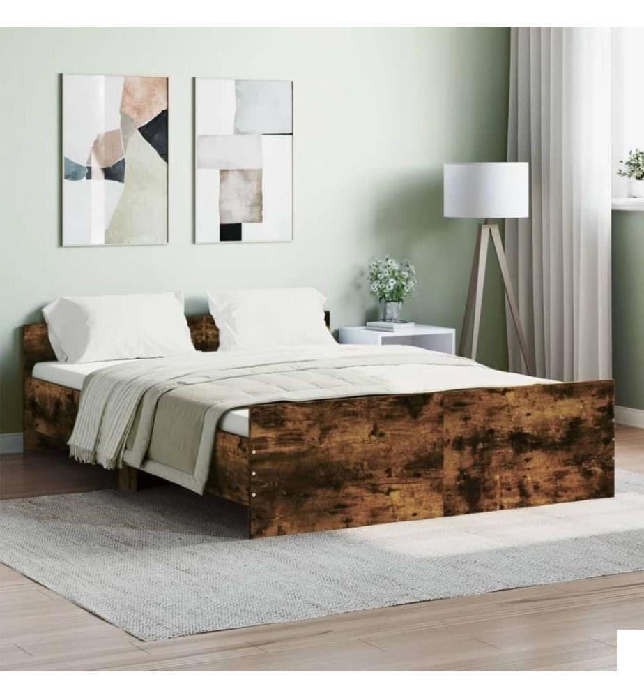Cadre de lit tête de lit et pied de lit chêne fumé 135x190 cm