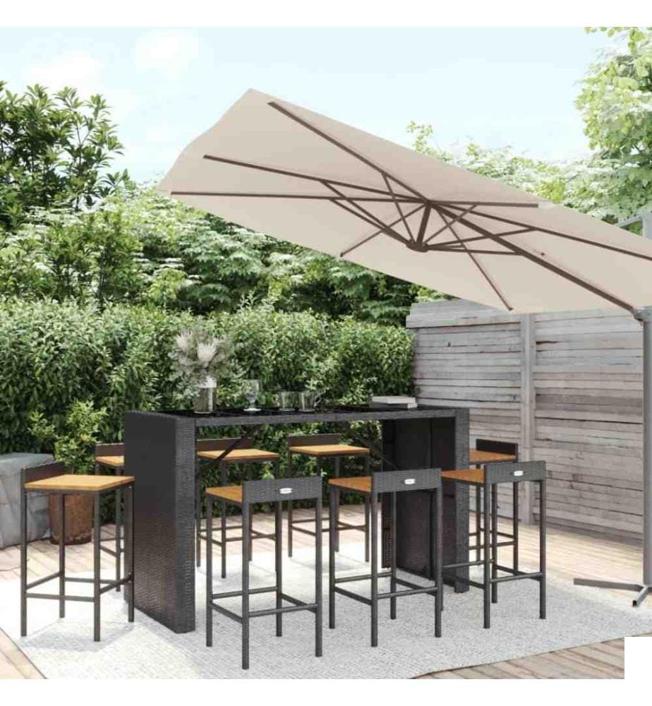 Ensemble de bar jardin 9 pcs noir poly rotin/bois massif acacia
