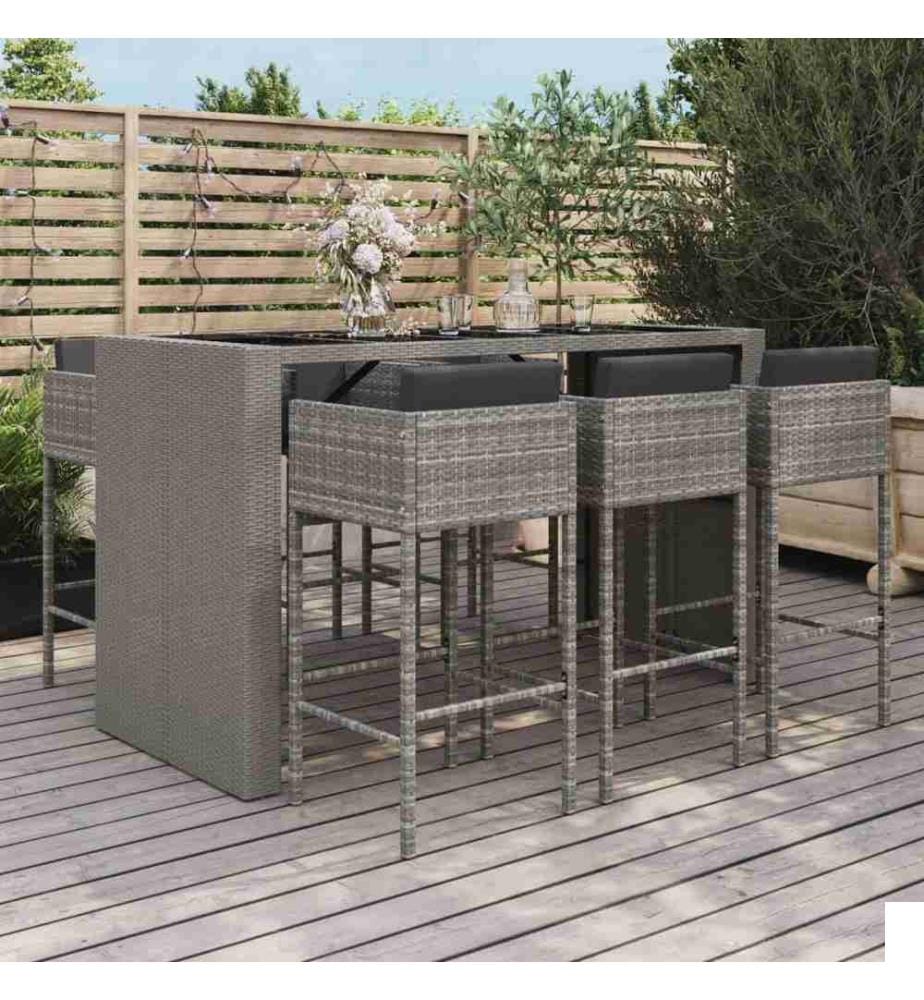 Ensemble de bar de jardin 7 pcs avec coussins gris poly rotin