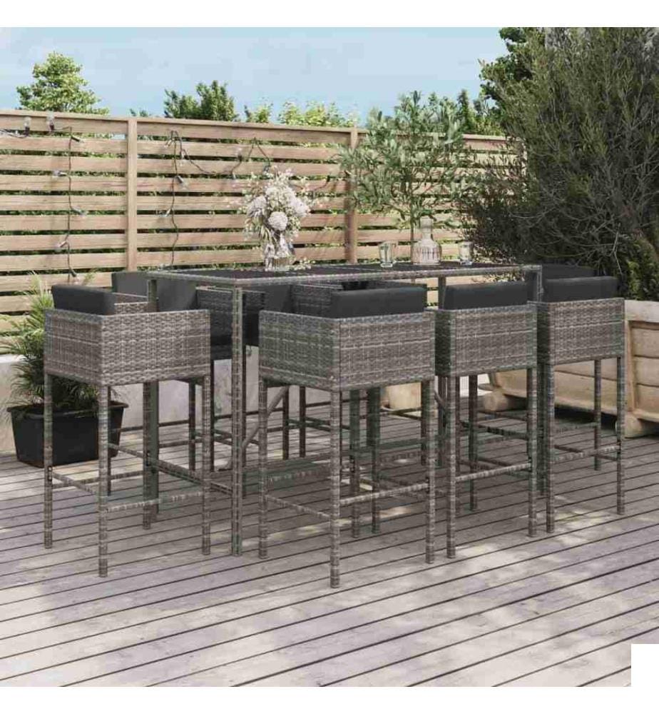 Ensemble de bar de jardin 9 pcs avec coussins gris poly rotin