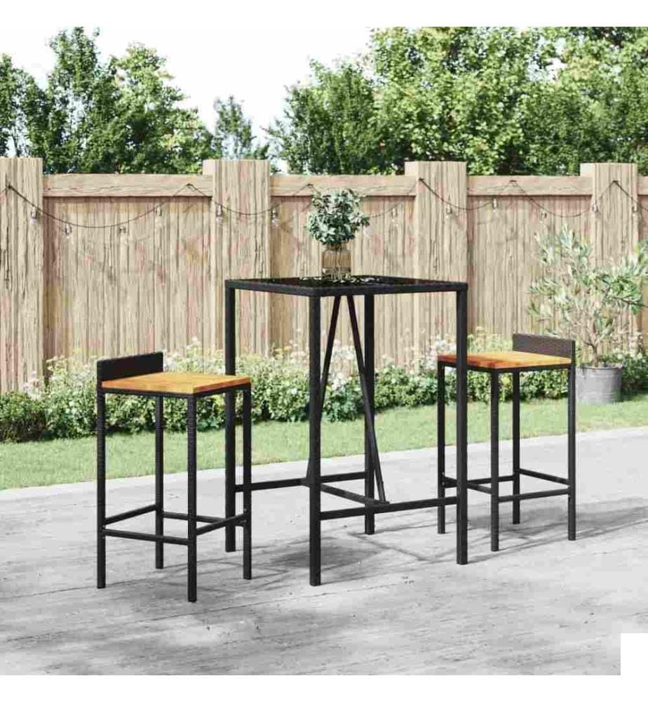 Ensemble de bar jardin 3 pcs noir poly rotin/bois massif acacia