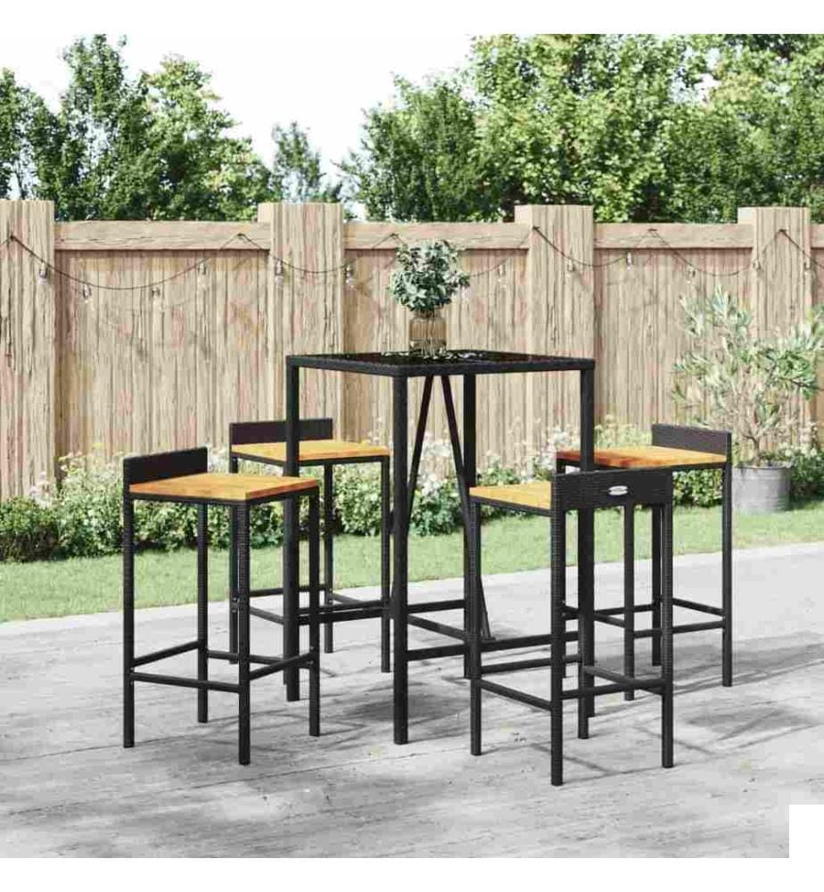 Ensemble de bar jardin 5 pcs noir poly rotin/bois massif acacia