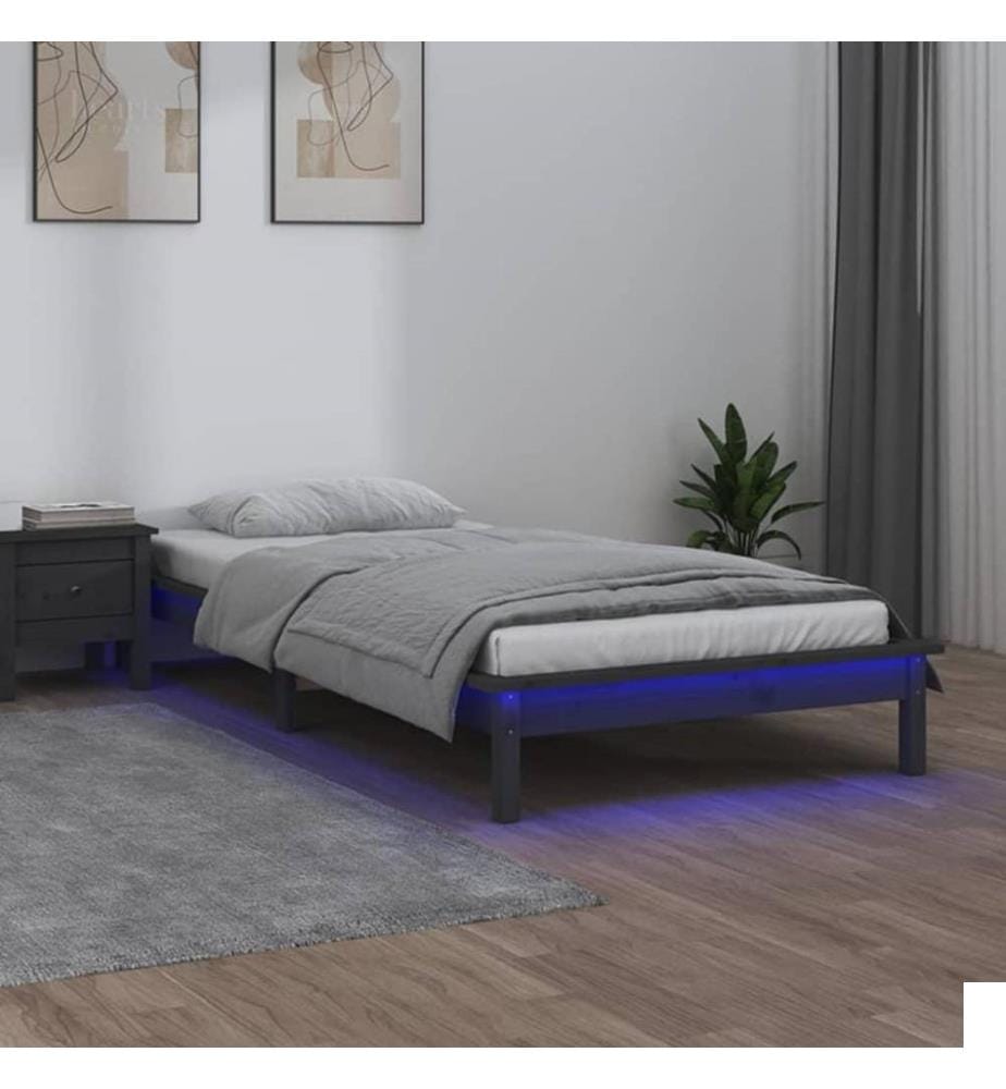Cadre de lit à LED Gris 90x190 cm Simple Bois massif