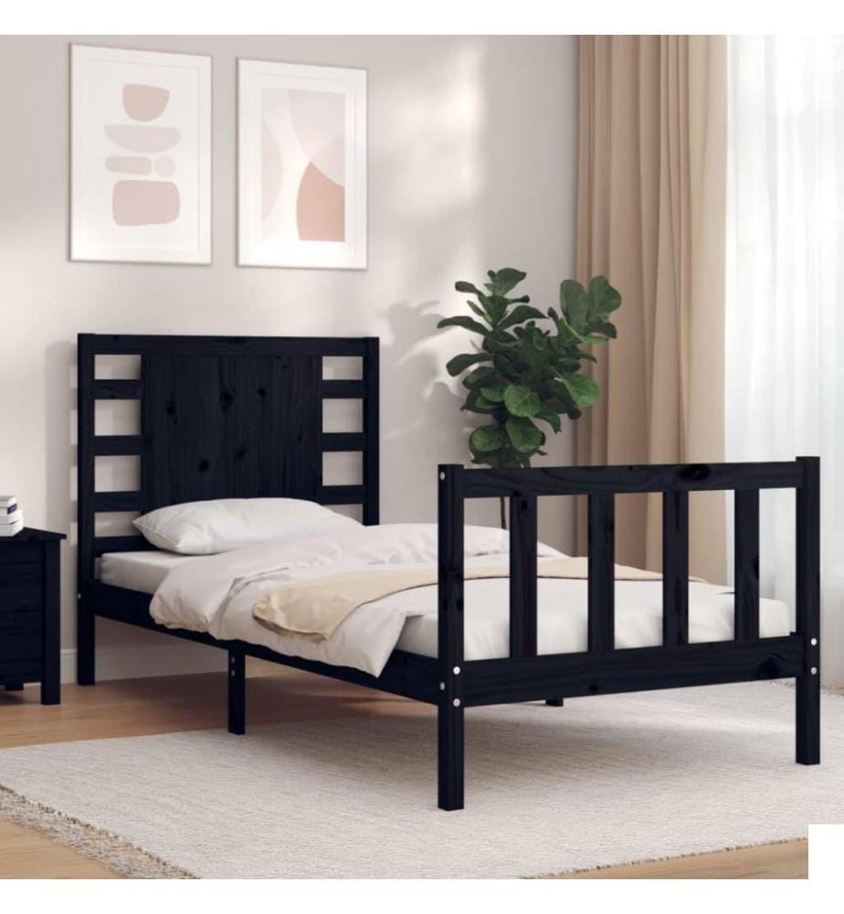 Cadre de lit avec tête de lit noir petit simple bois massif