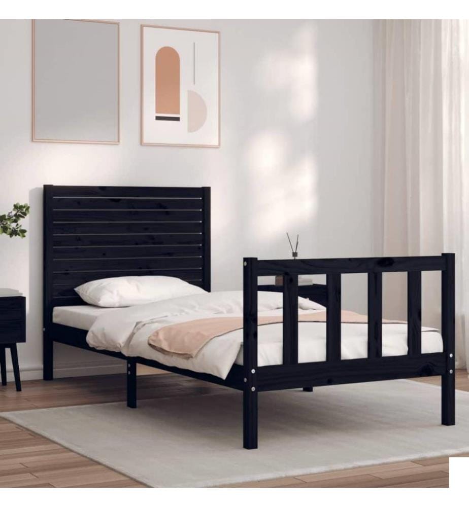 Cadre de lit avec tête de lit noir petit simple bois massif