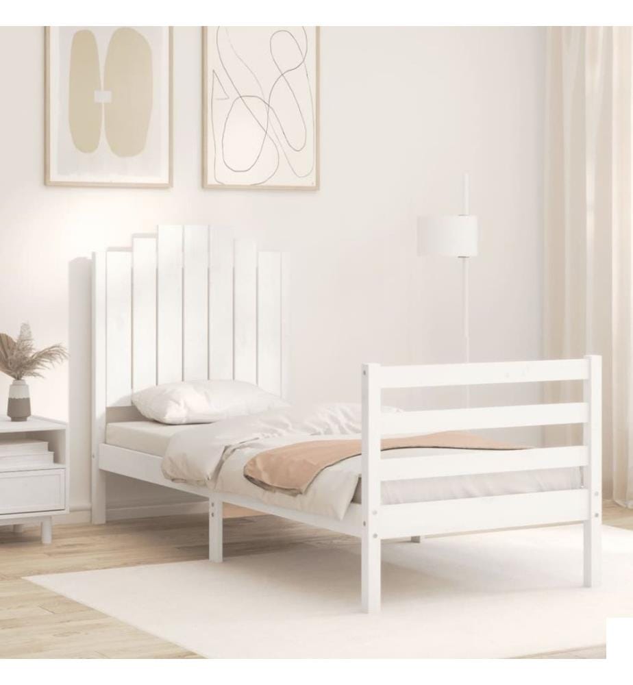Cadre de lit avec tête de lit blanc petit simple bois massif