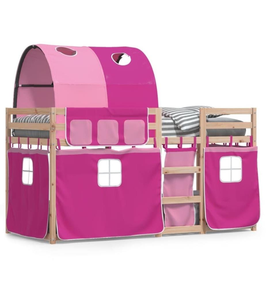 Lit superposé avec rideaux rose 90x190 cm bois pin massif