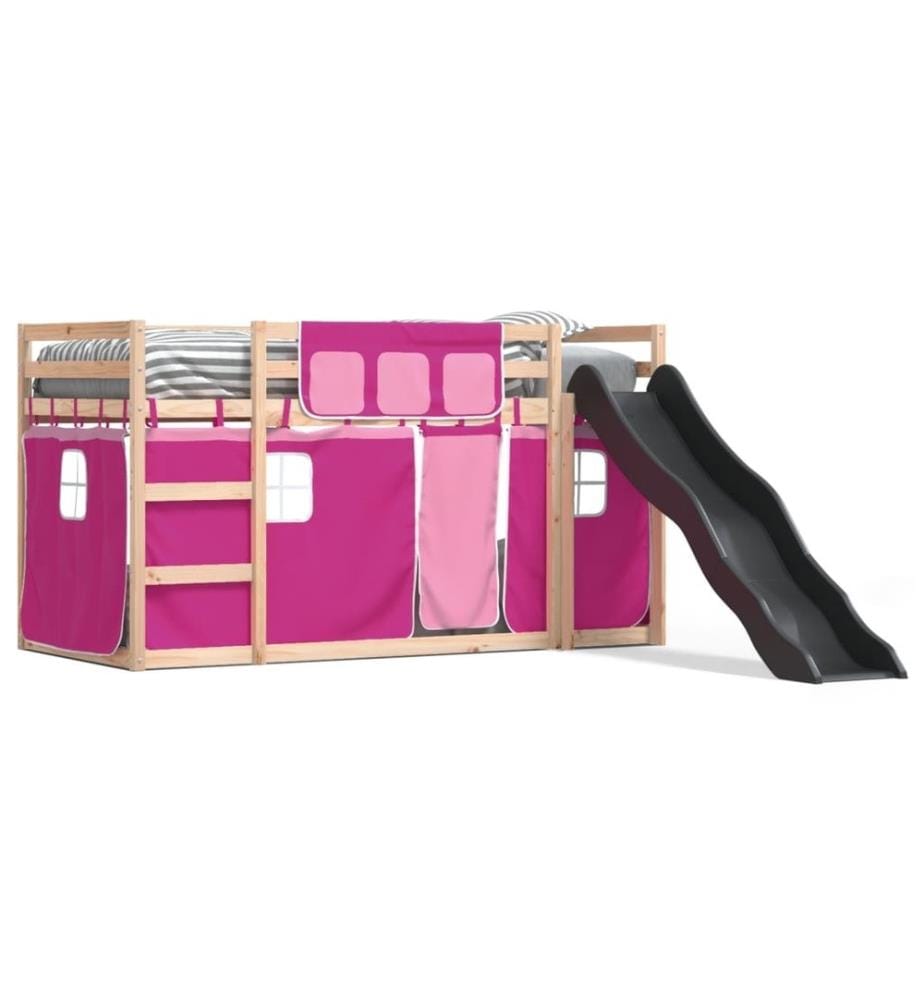 Lit superposé avec toboggan et rideaux rose 80x200 cm