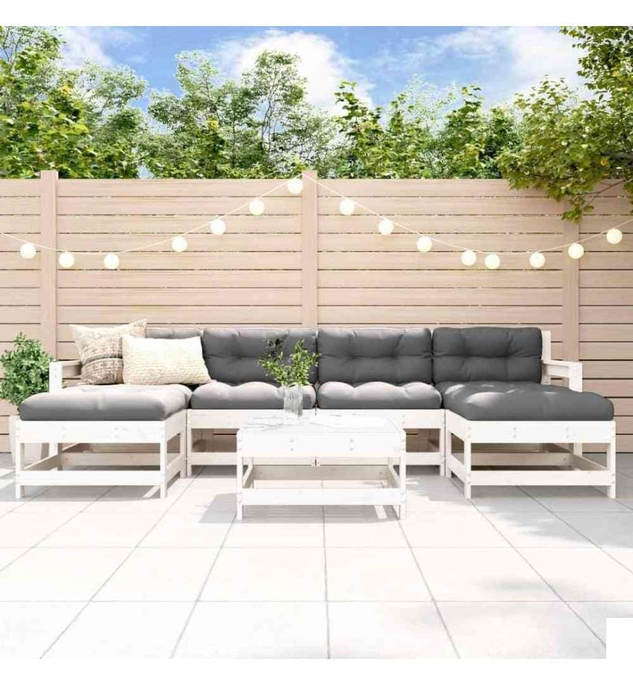Salon de jardin 7 pcs avec coussins blanc bois massif