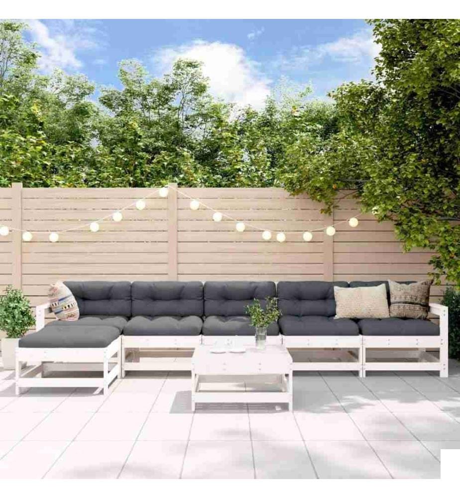 Salon de jardin 7 pcs avec coussins blanc bois massif