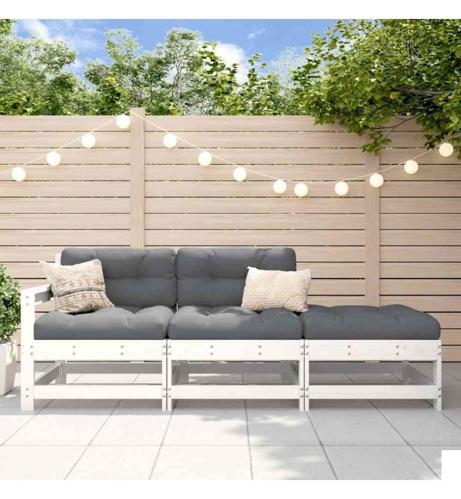 Salon de jardin 3 pcs avec coussins blanc bois massif