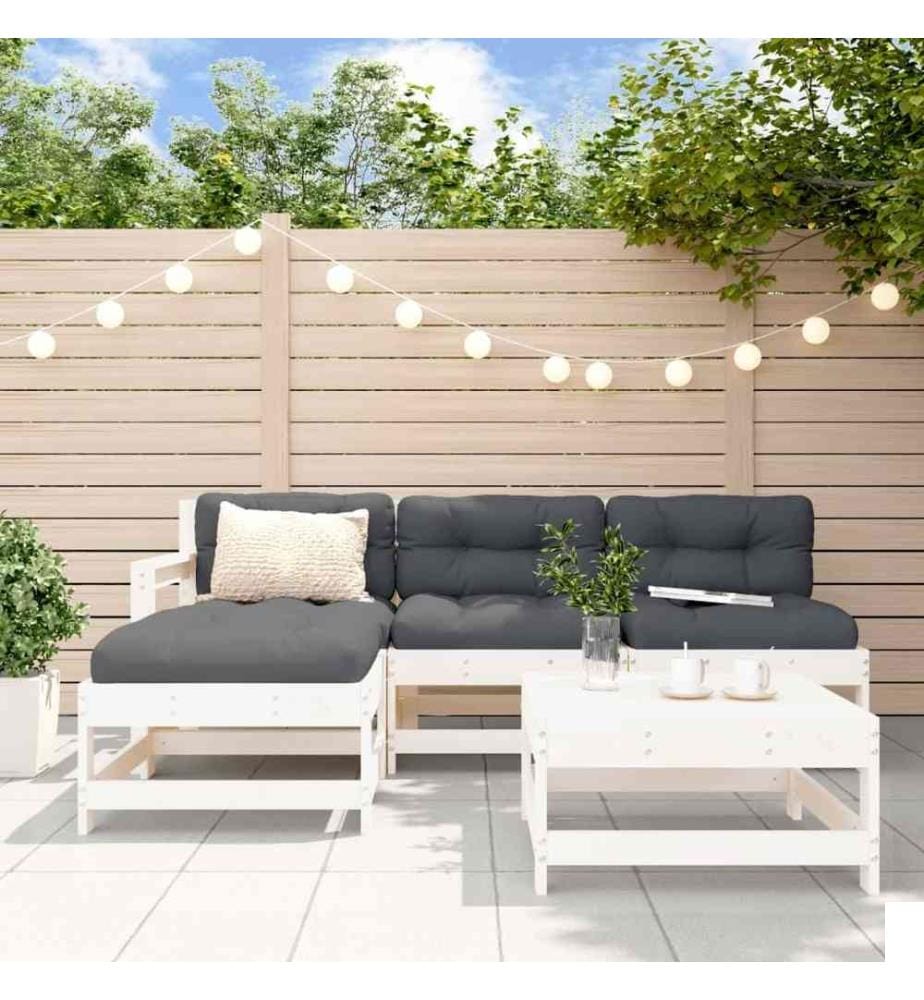 Salon de jardin 5 pcs avec coussins blanc bois massif