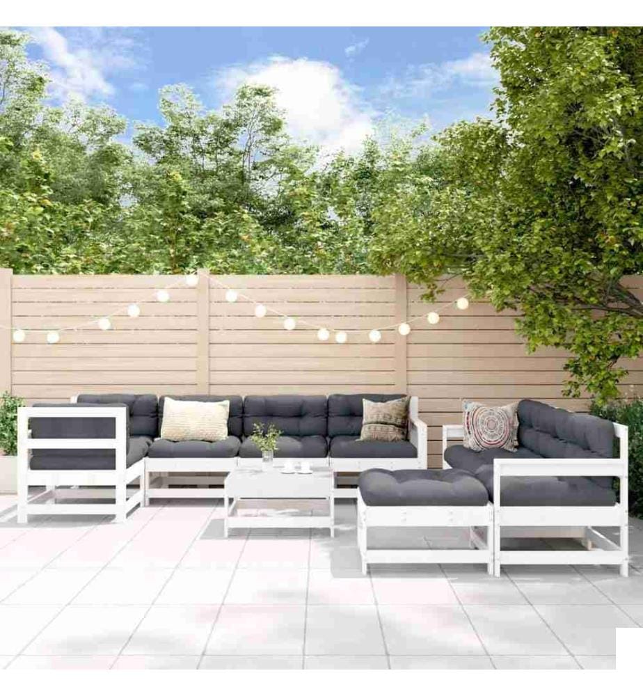 Salon de jardin 10 pcs avec coussins blanc bois massif