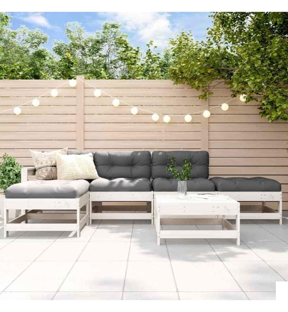 Salon de jardin 6 pcs avec coussins blanc bois massif