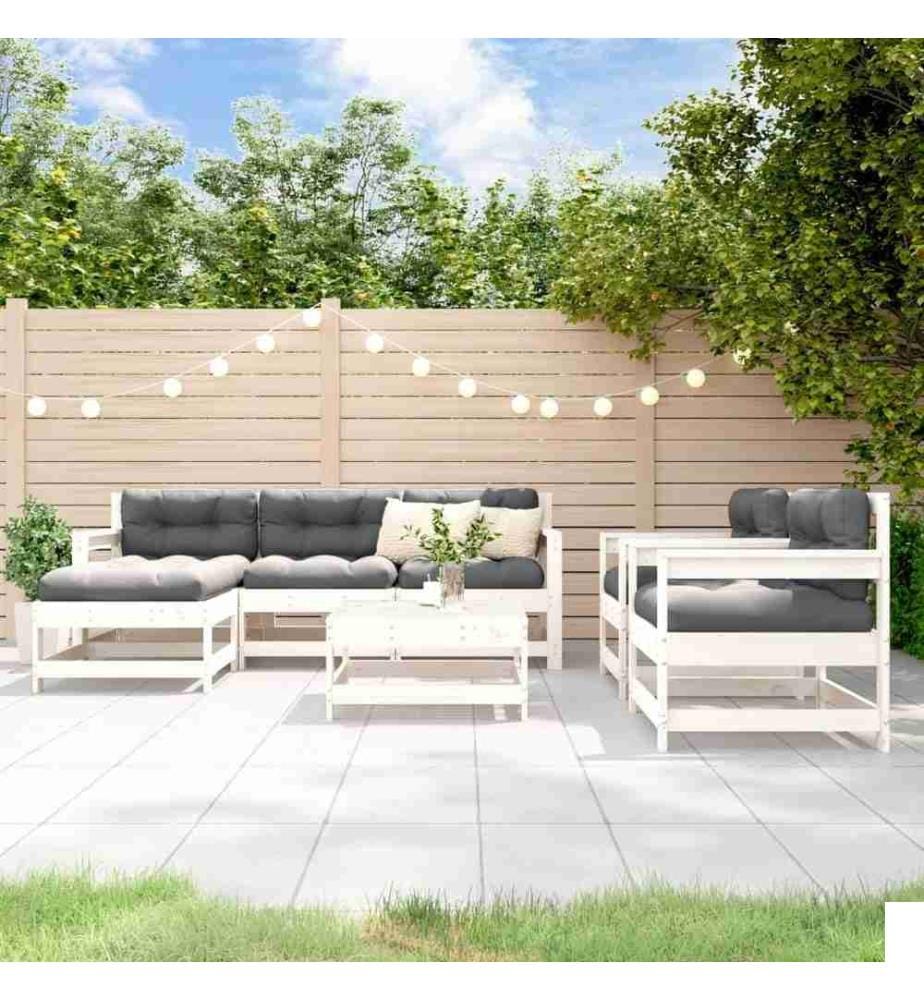 Salon de jardin 7 pcs avec coussins blanc bois massif