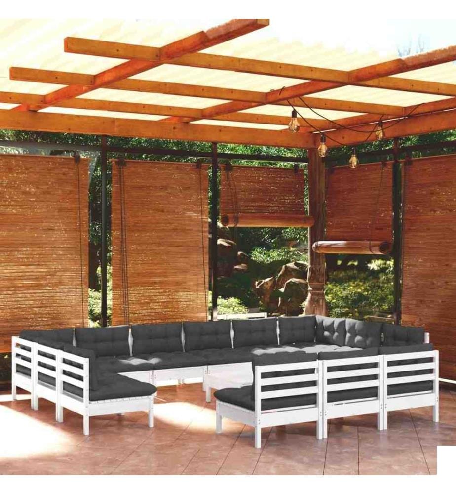 Salon de jardin 14 pcs avec coussins blanc bois de pin solide