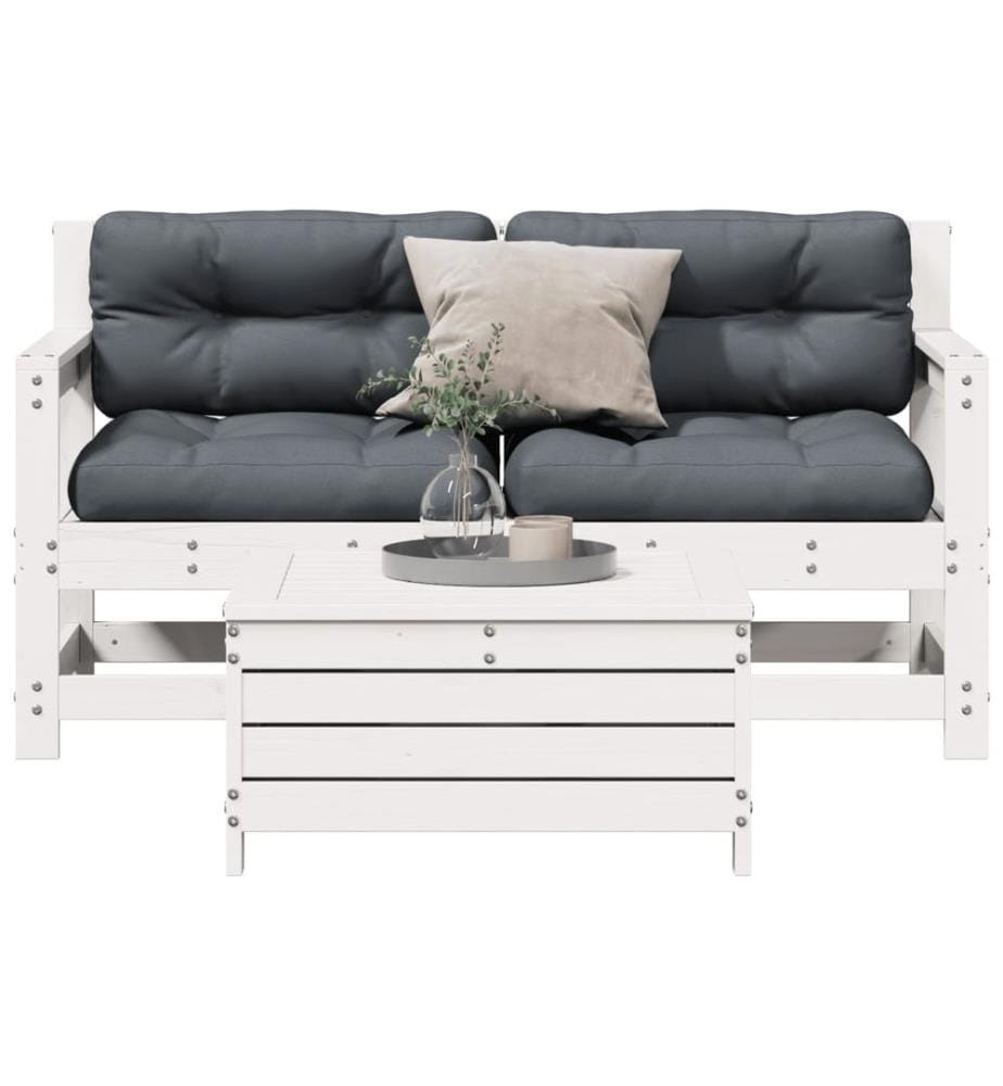 Salon de jardin 3 pcs avec coussins blanc bois de pin massif
