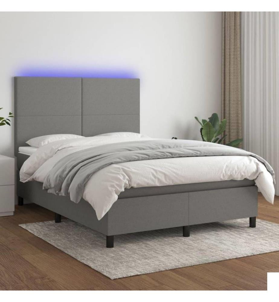 Sommier tapissier et matelas et LED Gris foncé 140x200 cm Tissu