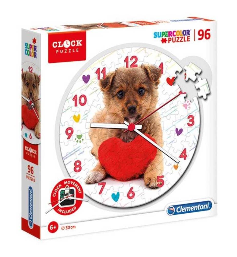 CLEMENTONI - Puzzle horloge chiot 96 pcs., mouvement d'horlogerie inclus, Diamètre 30cm