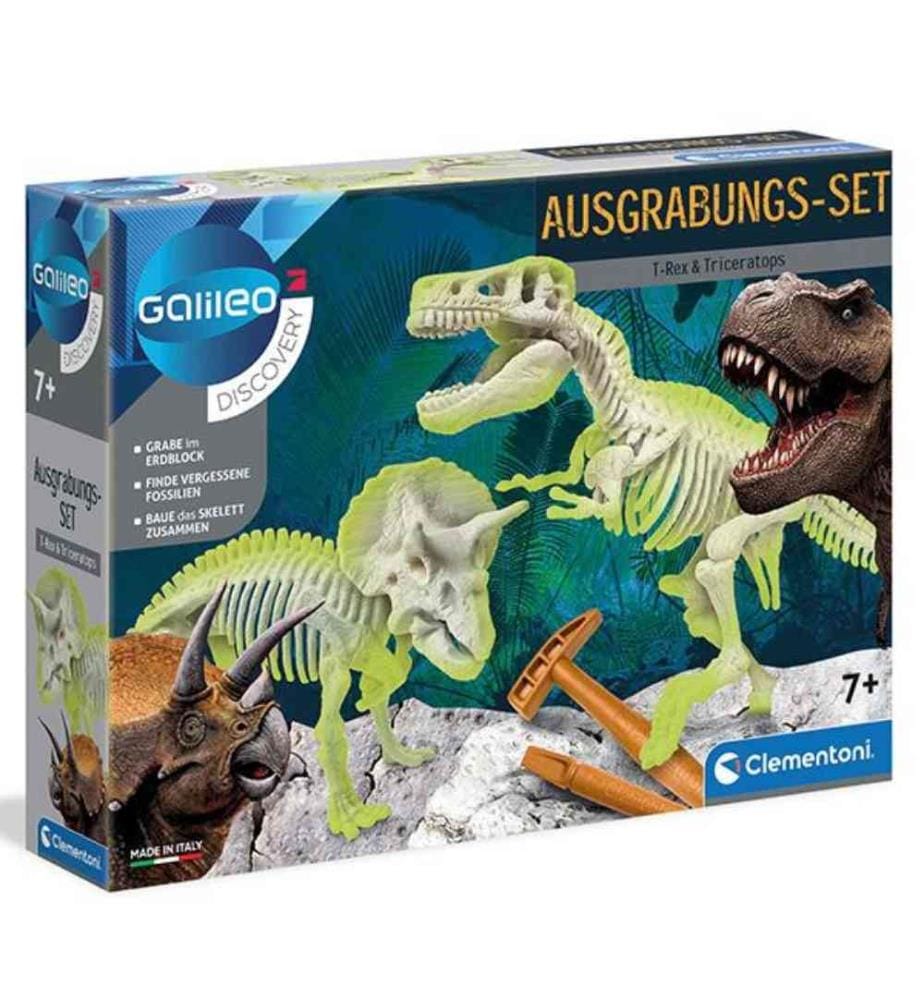 CLEMENTONI - Ausgrabungset T-Rex& Triceratops, allemand;