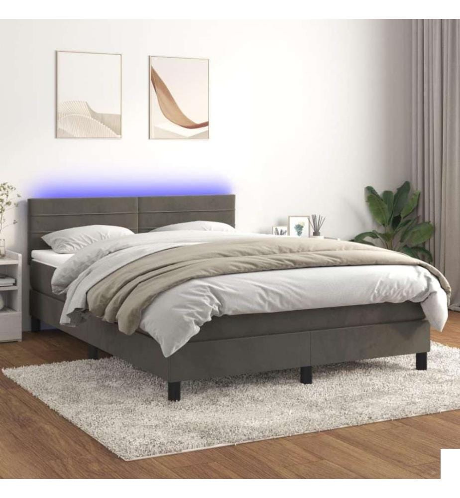 Sommier tapissier matelas et LED Gris foncé 140x200 cm Velours