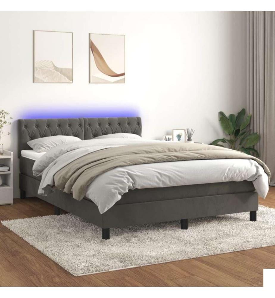 Sommier tapissier matelas et LED Gris foncé 140x200 cm Velours