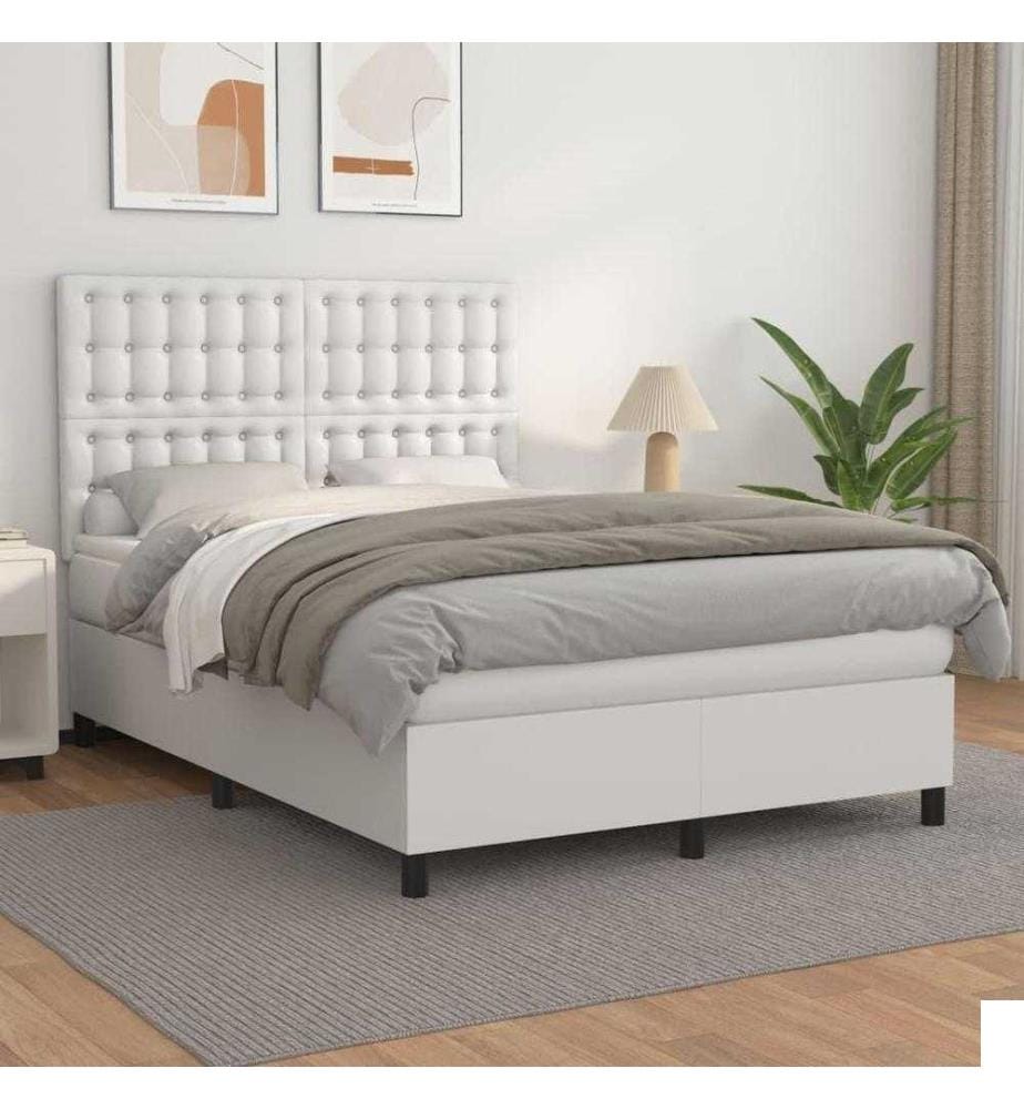 Lit à sommier tapissier avec matelas Blanc 140x200cm Similicuir