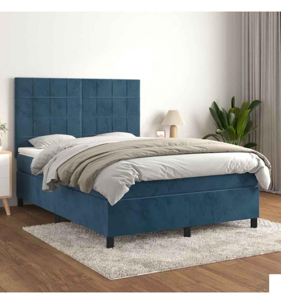 Lit à sommier tapissier et matelas Bleu foncé 140x190cm Velours