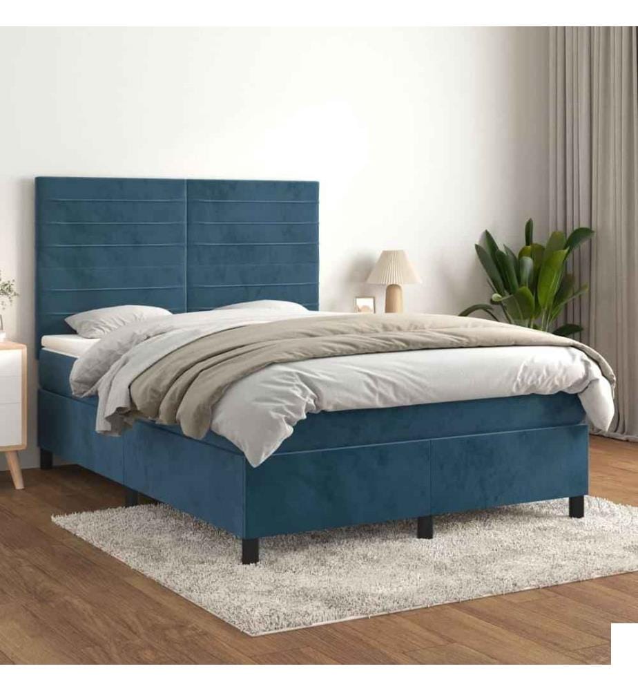 Lit à sommier tapissier et matelas Bleu foncé 140x190cm Velours