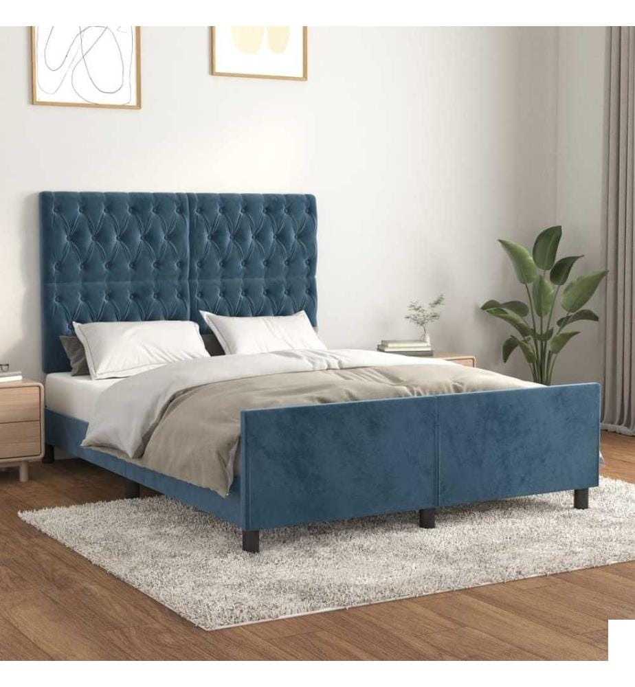Cadre de lit avec tête de lit Bleu foncé 140x200 cm Velours