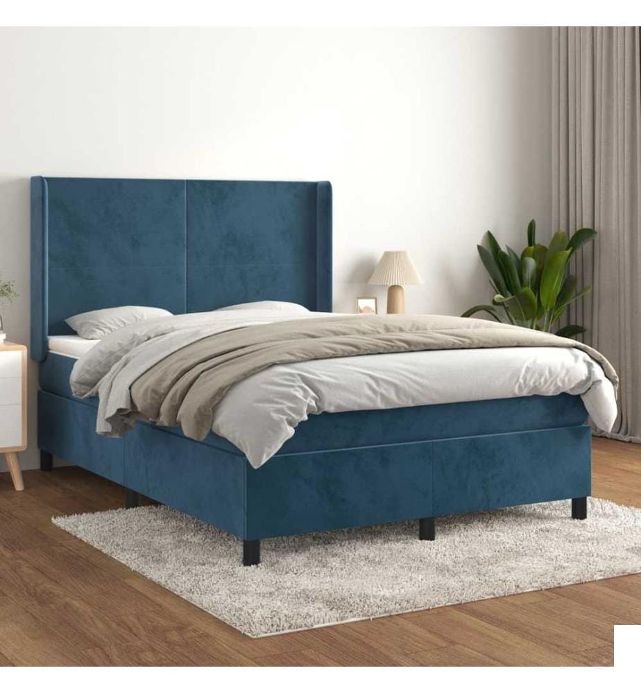 Lit à sommier tapissier et matelas Bleu foncé 140x190cm Velours