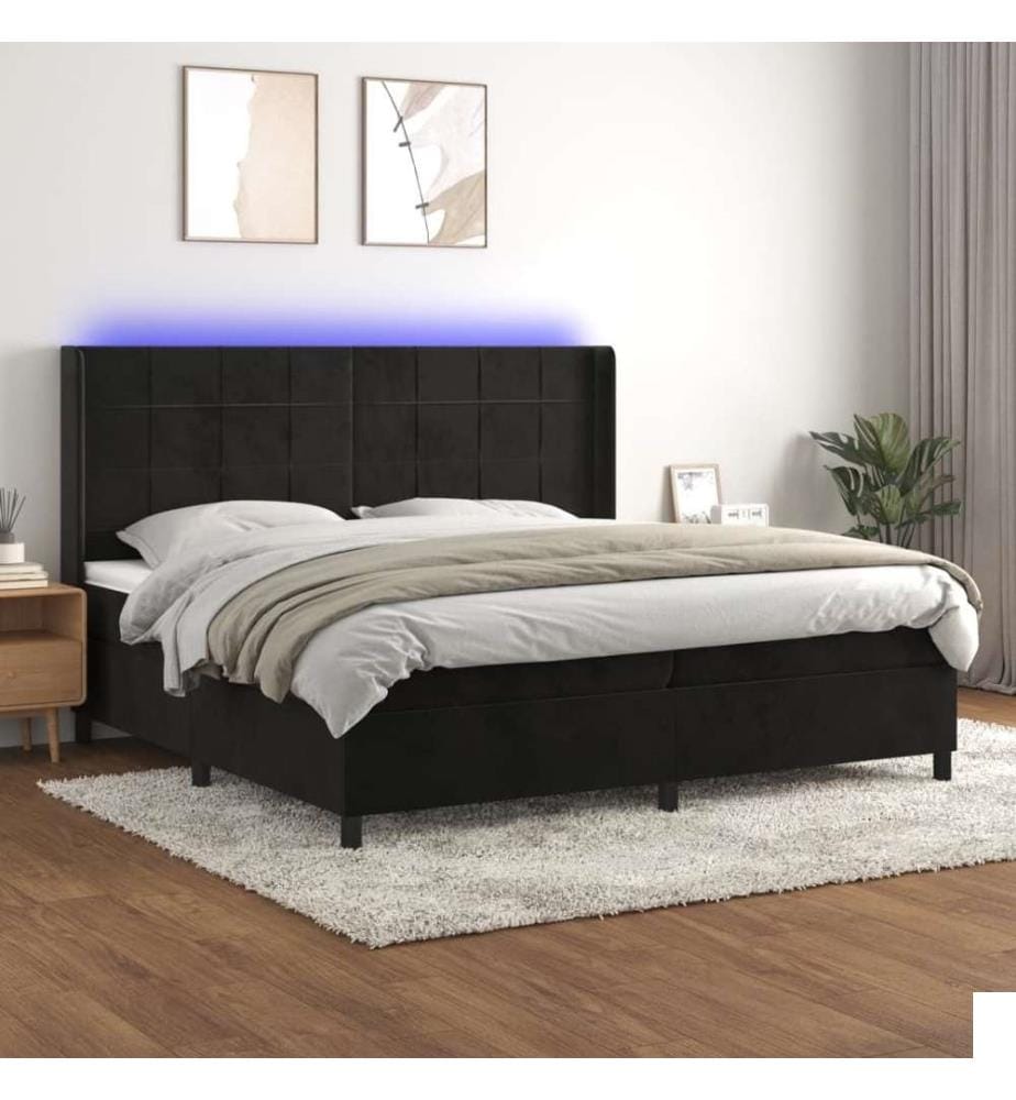 Sommier à lattes de lit matelas et LED Noir 200x200 cm Velours