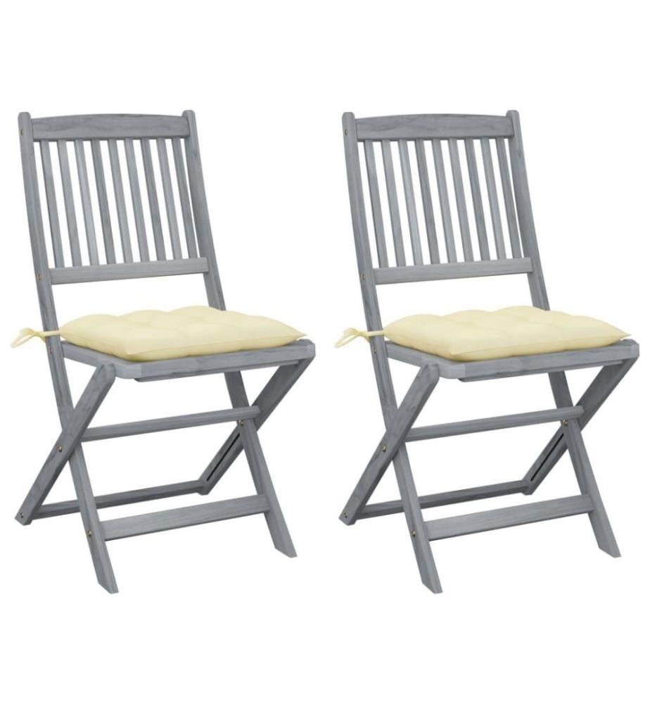 Chaises pliables d'extérieur 2 pcs avec coussins Bois d'acacia