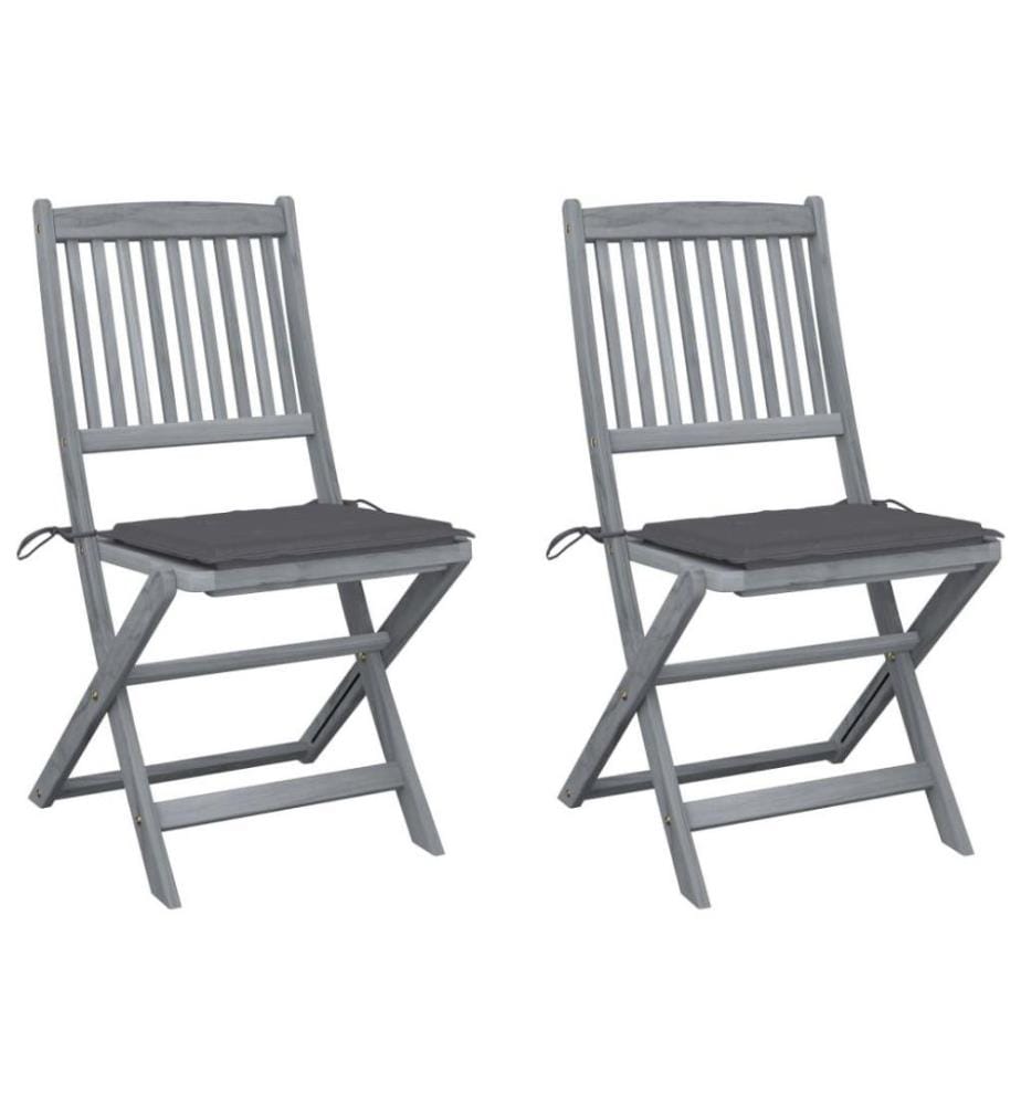 Chaises pliables d'extérieur 2 pcs avec coussins Bois d'acacia