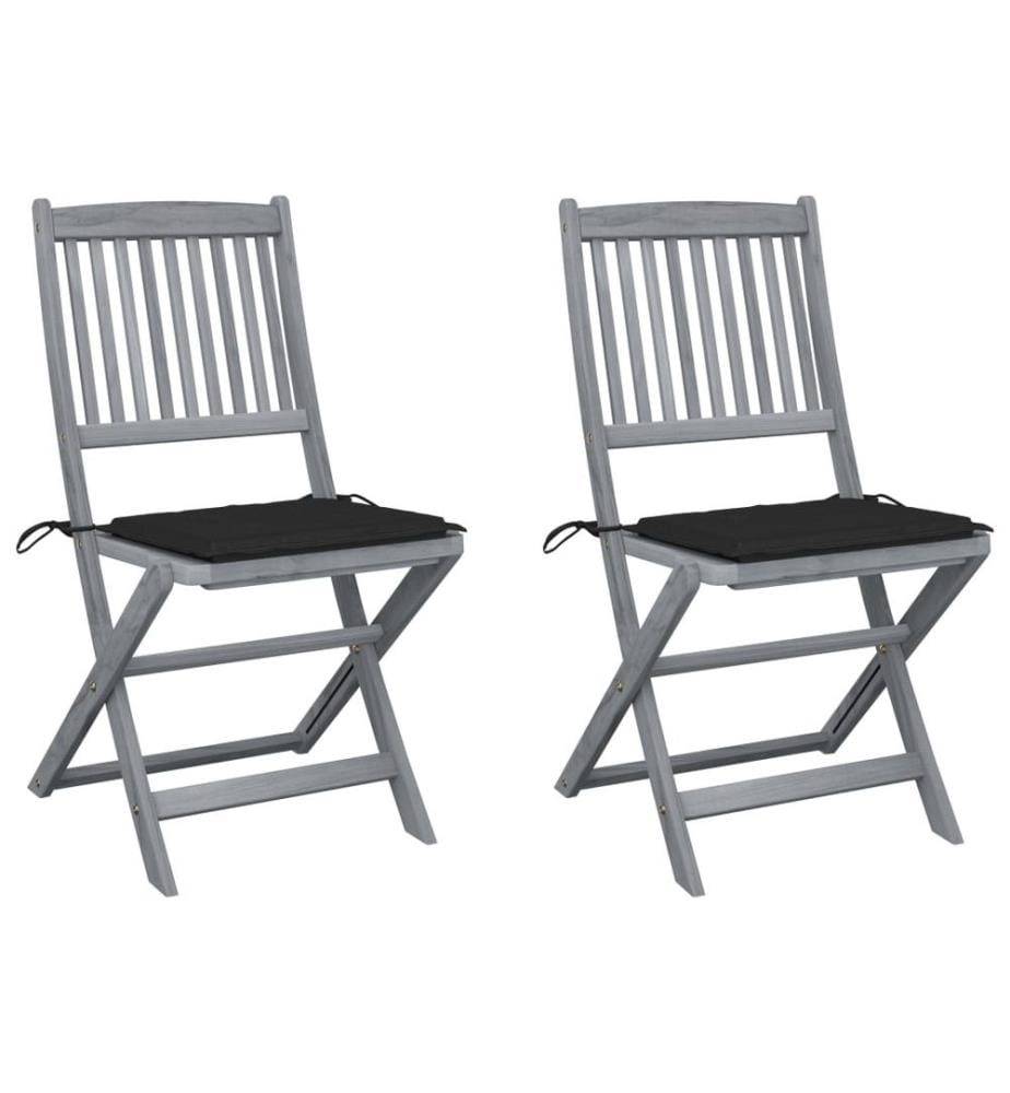 Chaises pliables d'extérieur 2 pcs avec coussins Bois d'acacia