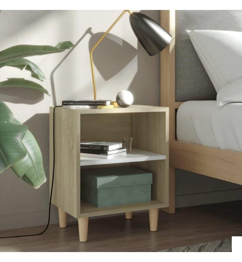 Tables de chevet pieds bois 2 pcs Blanc/Chêne sonoma 40x30x50cm