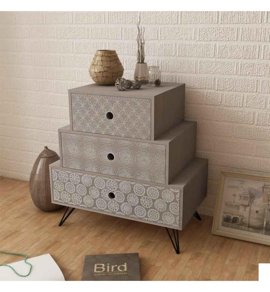 Table de chevet avec 3 tiroirs Gris et marron