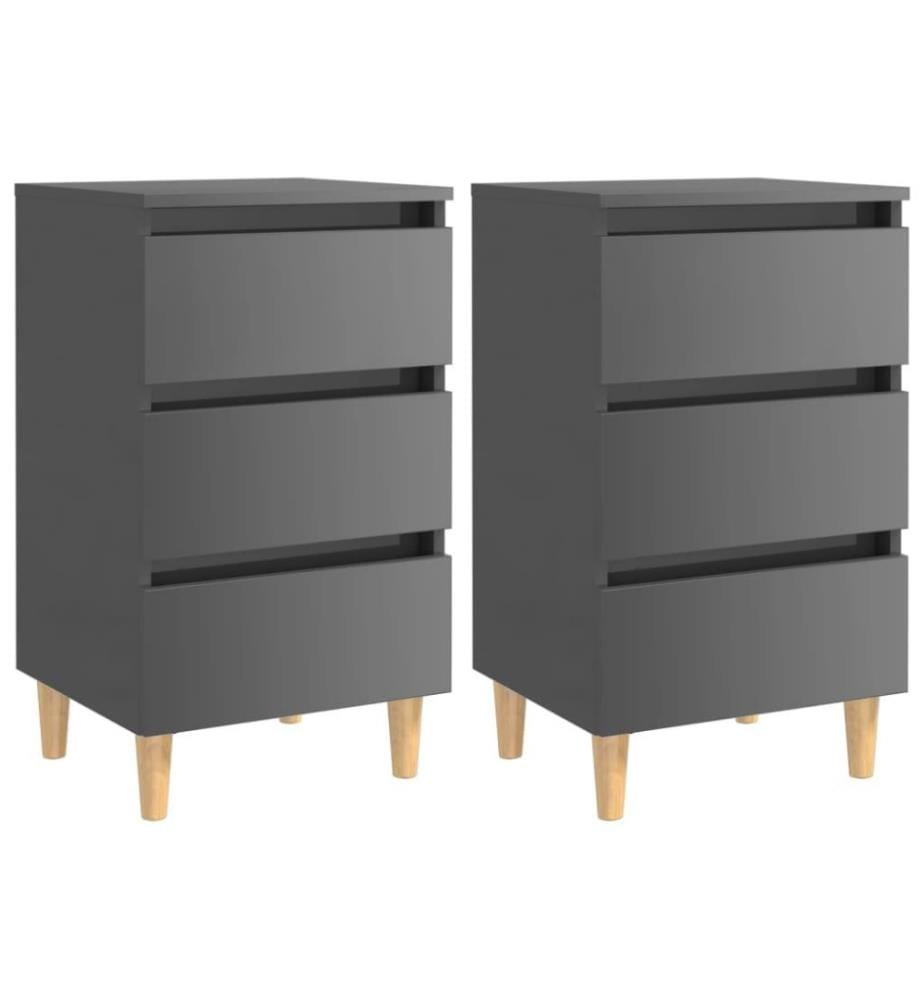 Tables de chevet pieds en bois 2 pcs Gris brillant 40x35x69 cm