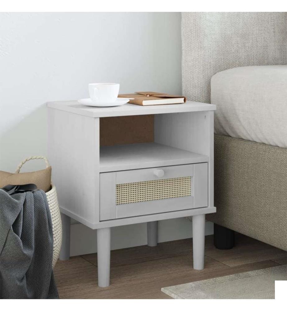 Table de chevet SENJA aspect de rotin blanc bois de pin massif
